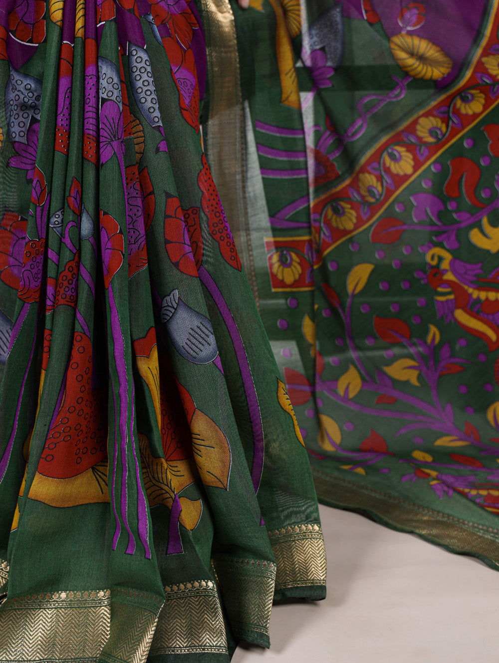 Purple floral printed viscose chanderi silk saree with zari lace border