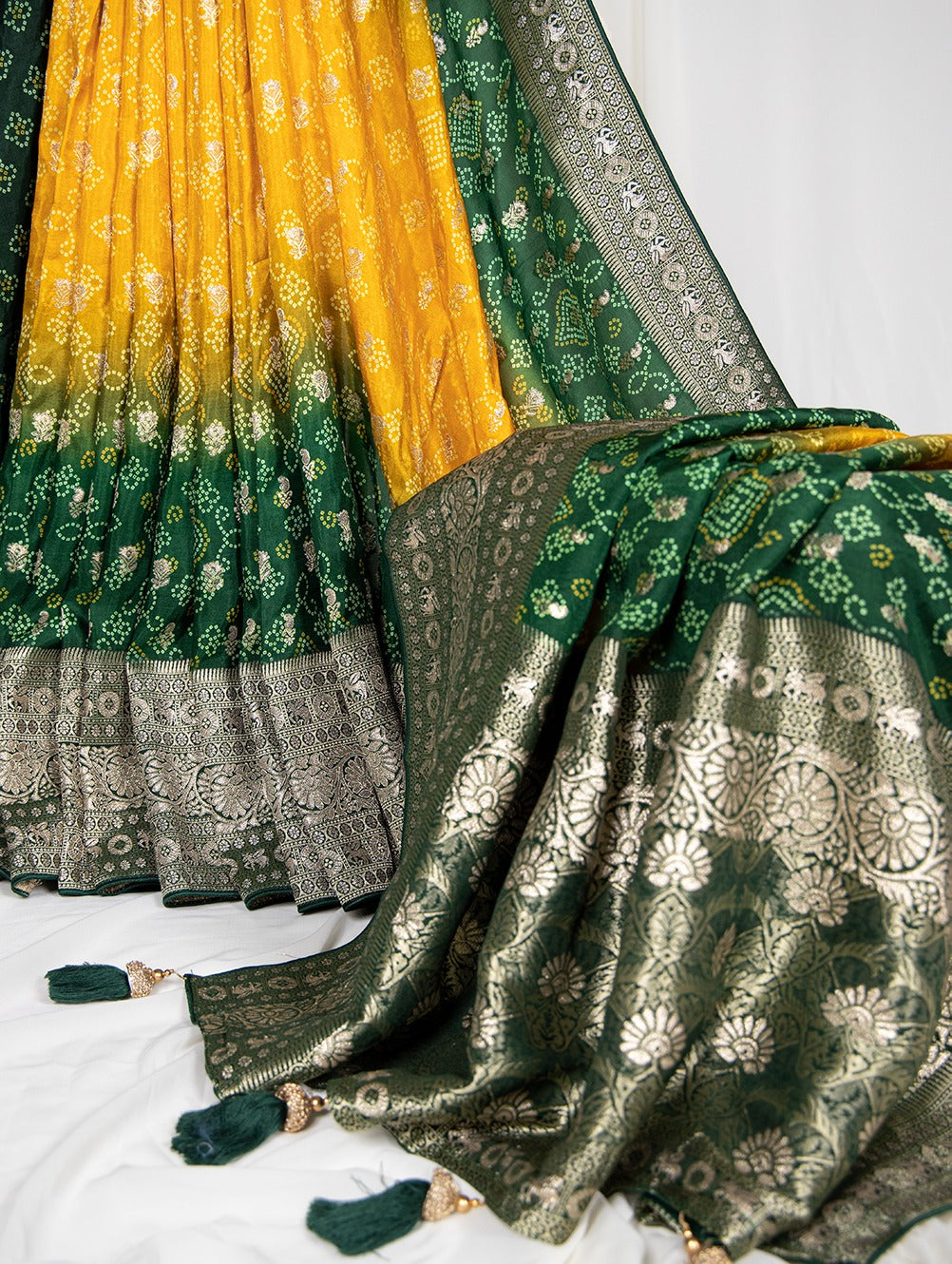 Pure Viscose Green Bandhej Print Saree With Blouse - Complete Your Traditional Look