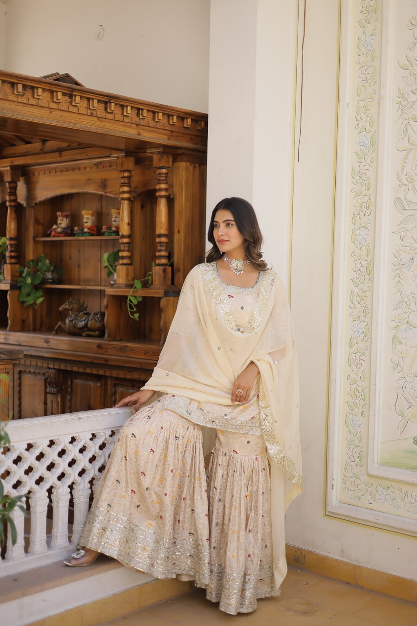 Viscose Jacquard Sequined Off White Kurti with Embroidered Sharara & Russian Silk Dupatta