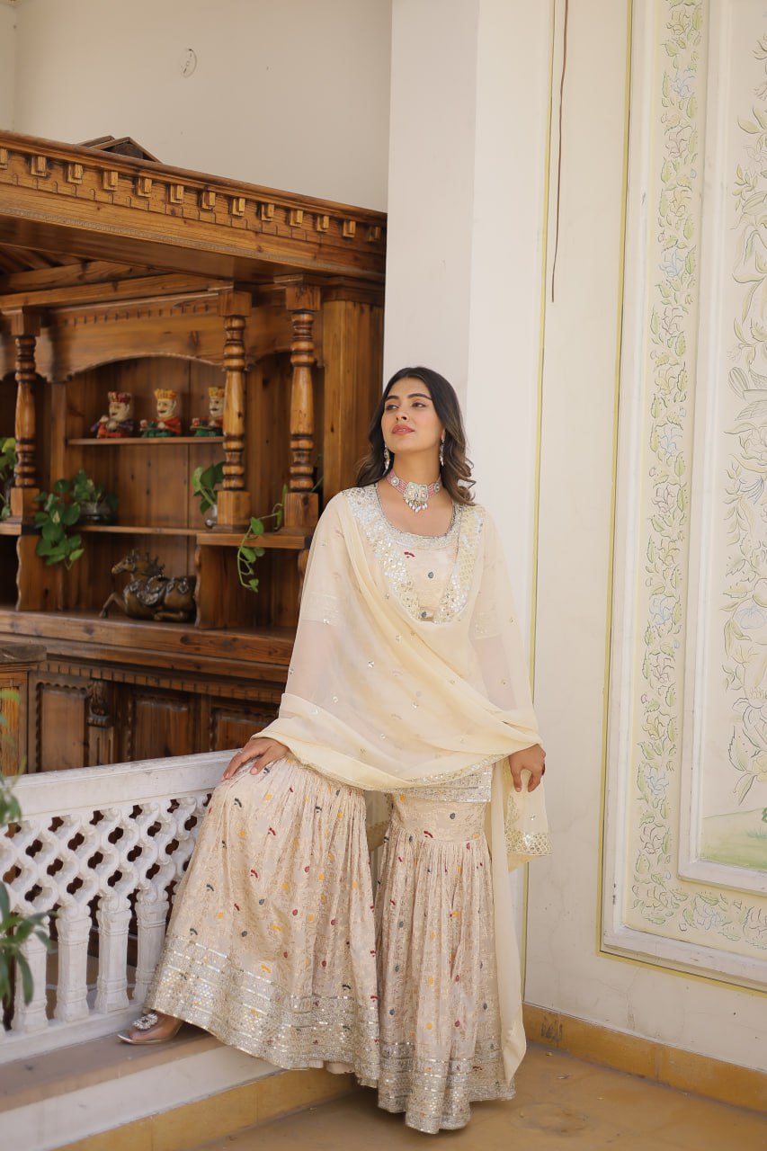 Viscose Jacquard Sequined Off White Kurti with Embroidered Sharara & Russian Silk Dupatta