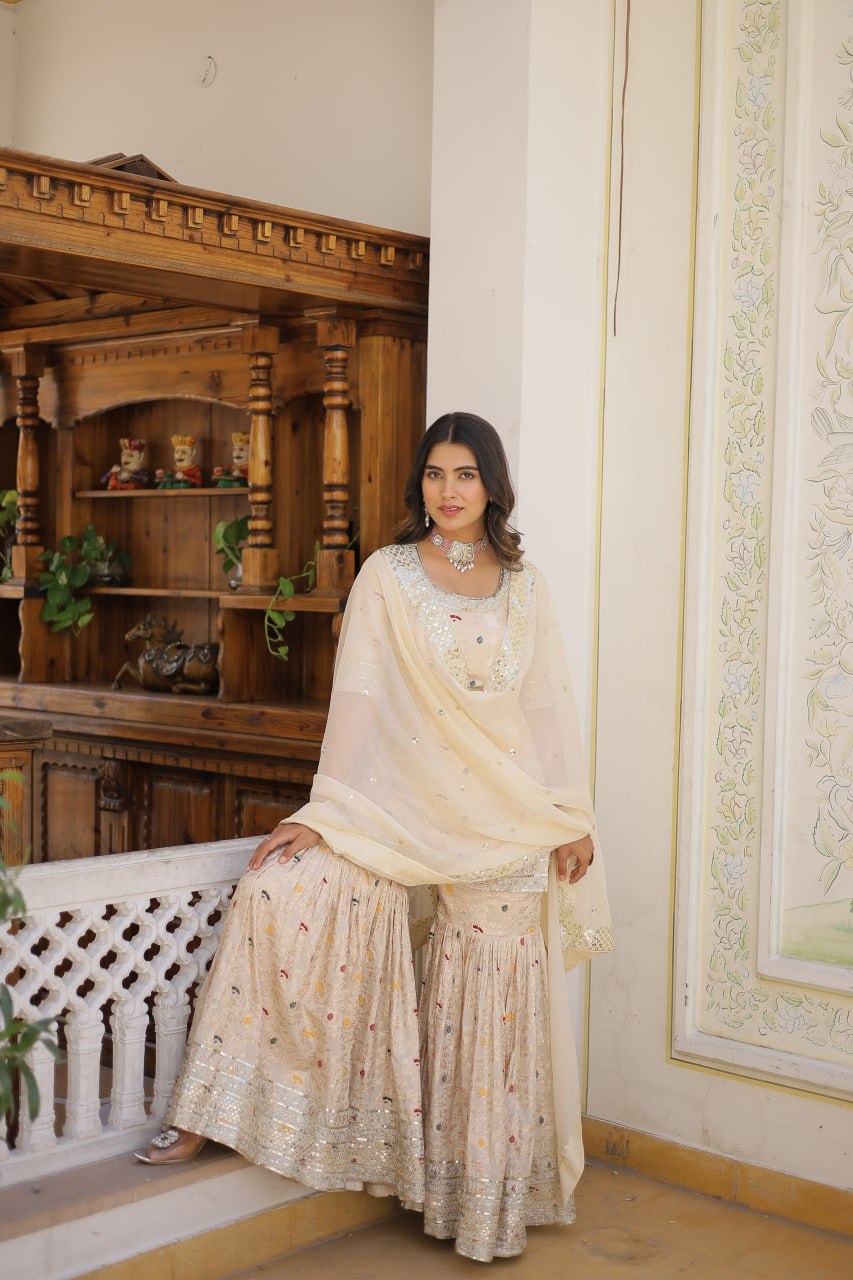 Viscose Jacquard Sequined Off White Kurti with Embroidered Sharara & Russian Silk Dupatta