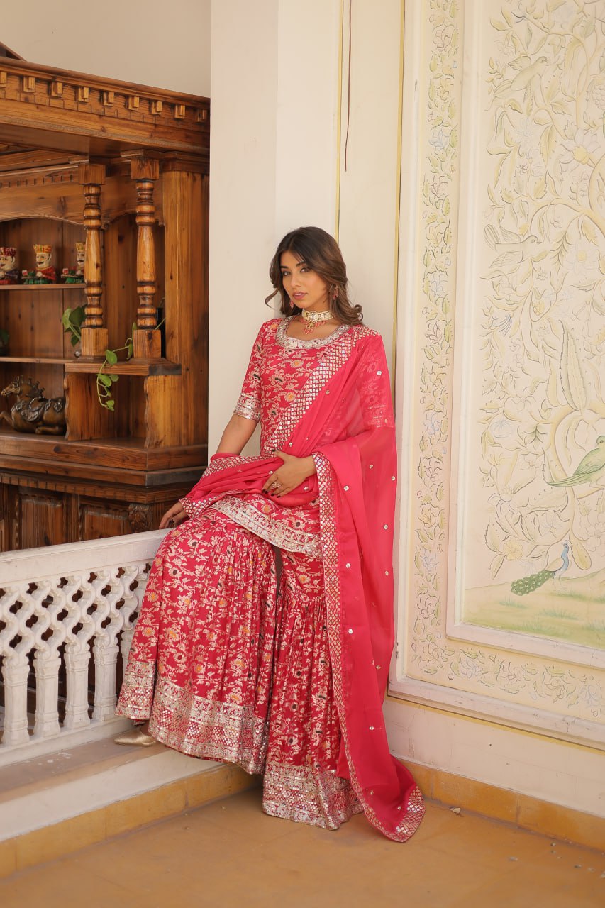 Viscose Jacquard Sequined Magenta Kurti with Embroidered Sharara & Russian Silk Dupatta