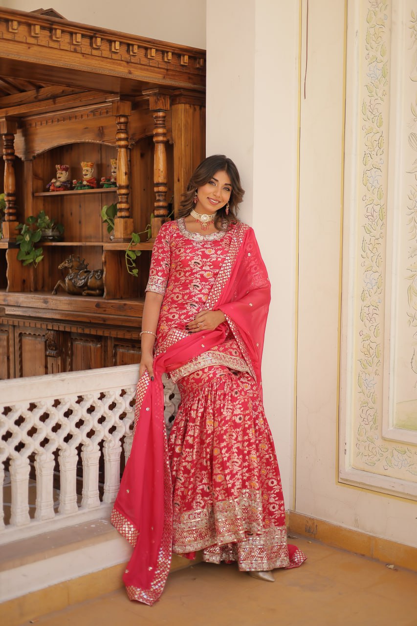 Viscose Jacquard Sequined Magenta Kurti with Embroidered Sharara & Russian Silk Dupatta