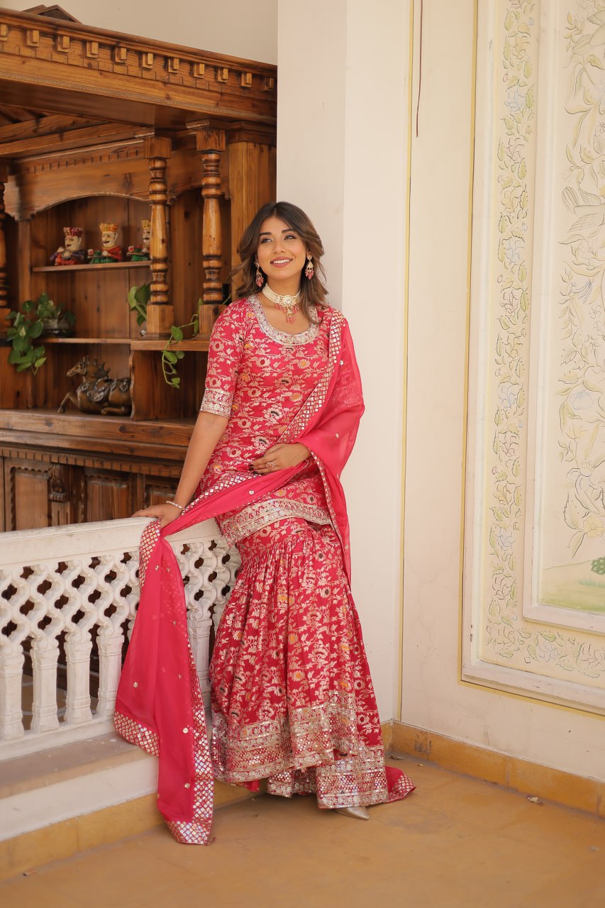 Viscose Jacquard Sequined Magenta Kurti with Embroidered Sharara & Russian Silk Dupatta