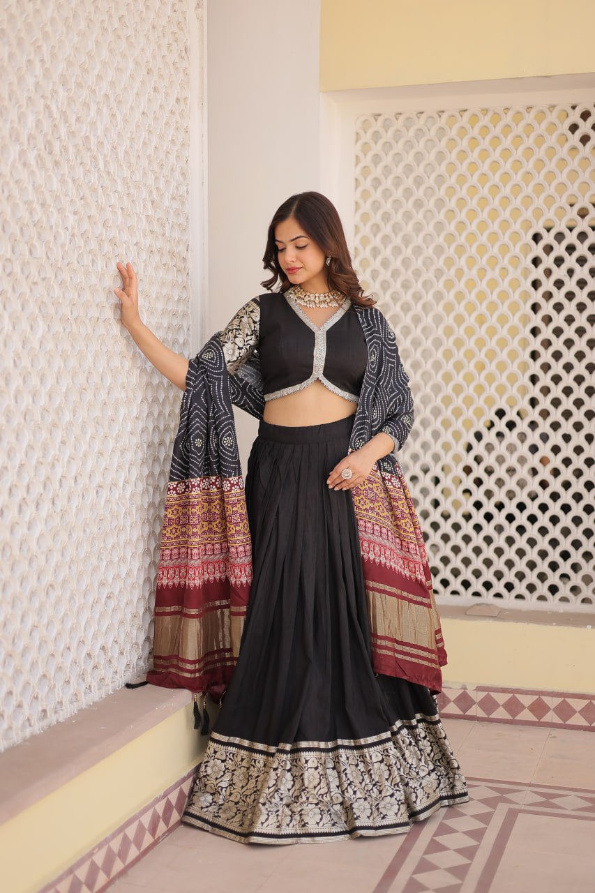 Viscose Jequard Black Lehenga Set with Gajji Silk Dupatta