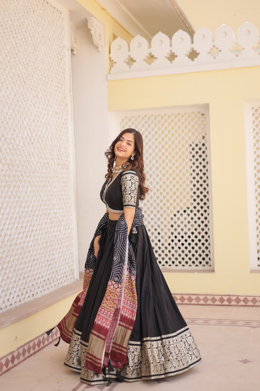 Viscose Jequard Black Lehenga Set with Gajji Silk Dupatta