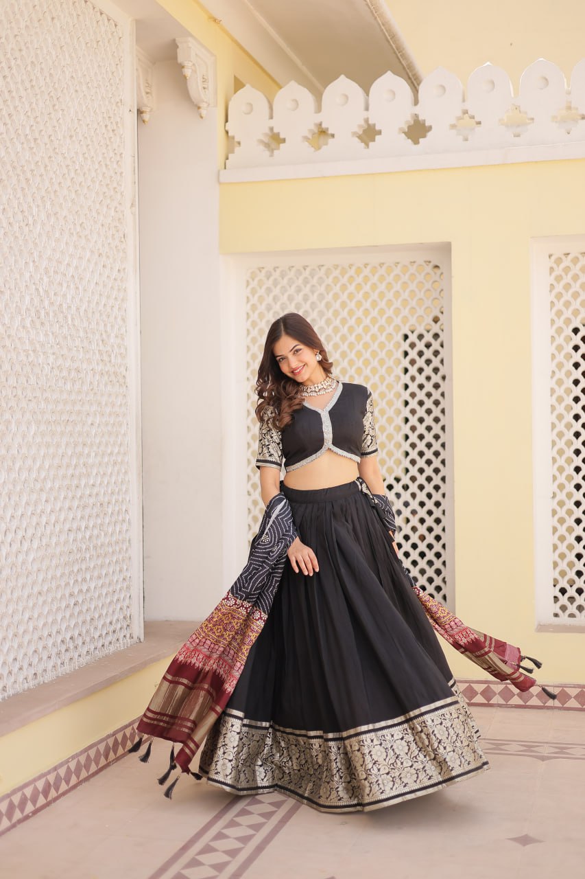 Viscose Jequard Black Lehenga Set with Gajji Silk Dupatta