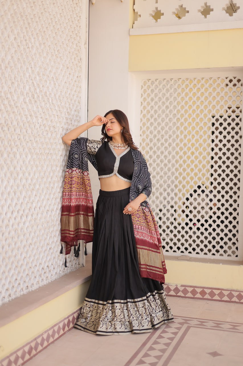 Viscose Jequard Black Lehenga Set with Gajji Silk Dupatta