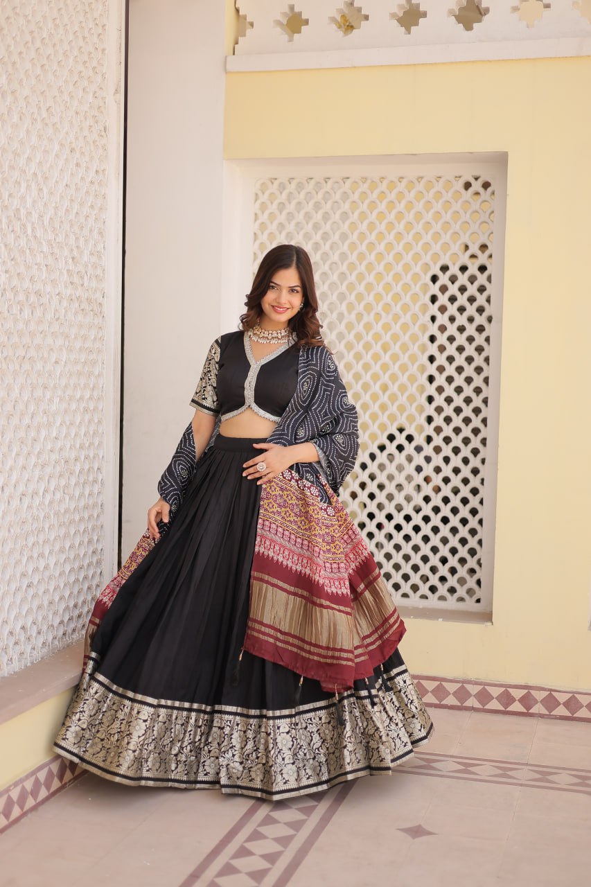 Viscose Jequard Black Lehenga Set with Gajji Silk Dupatta