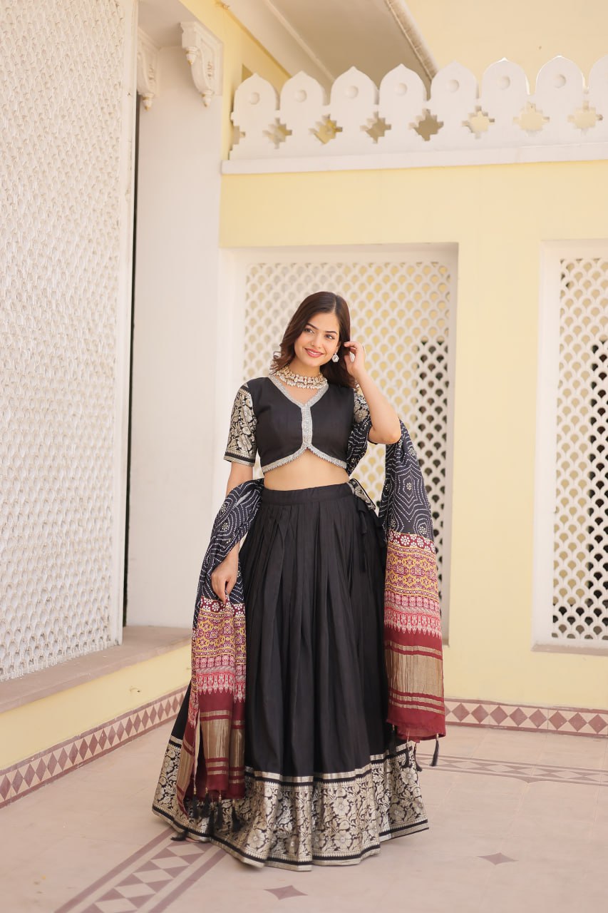 Viscose Jequard Black Lehenga Set with Gajji Silk Dupatta