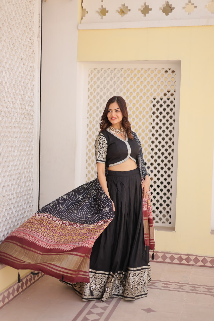 Viscose Jequard Black Lehenga Set with Gajji Silk Dupatta