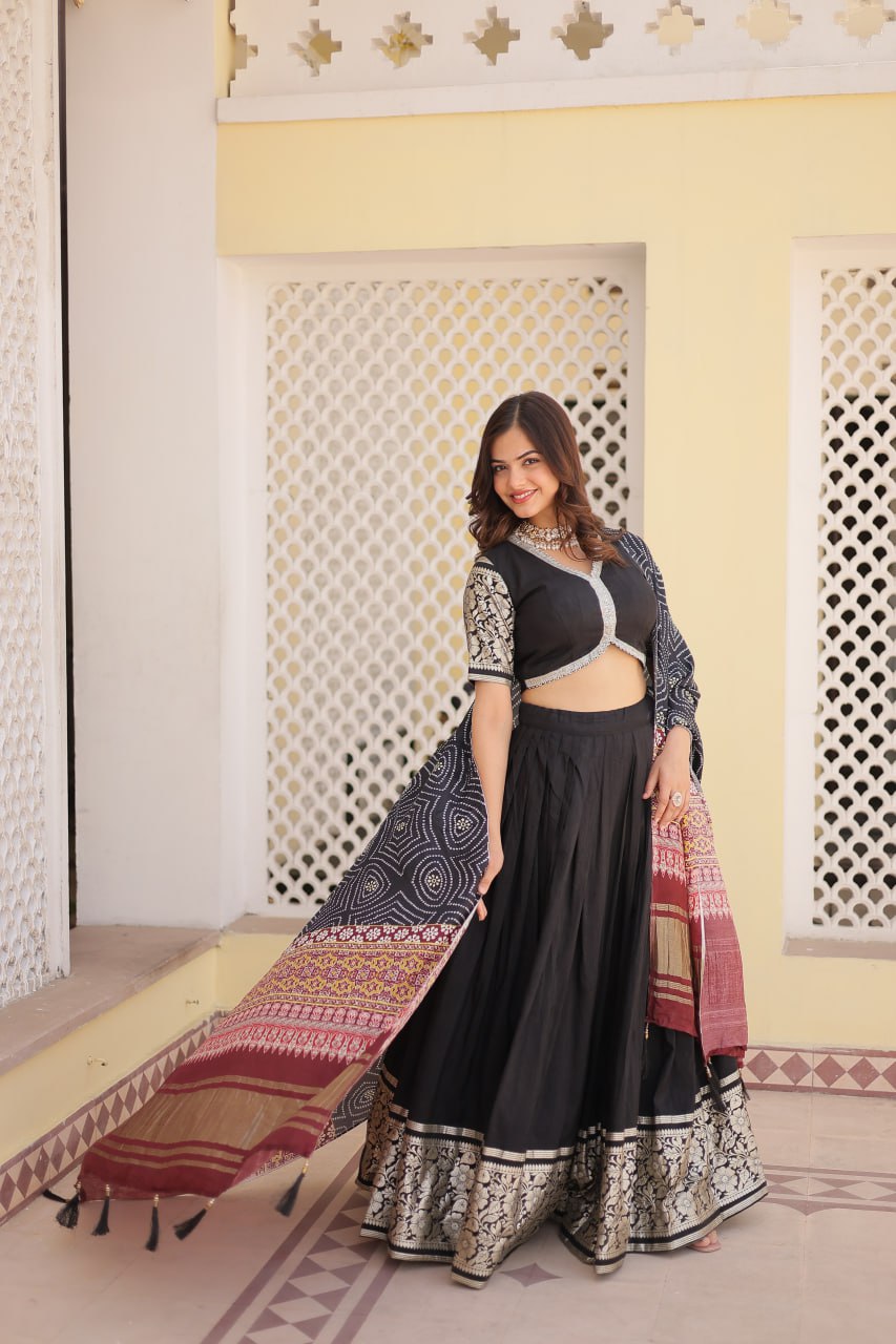 Viscose Jequard Black Lehenga Set with Gajji Silk Dupatta