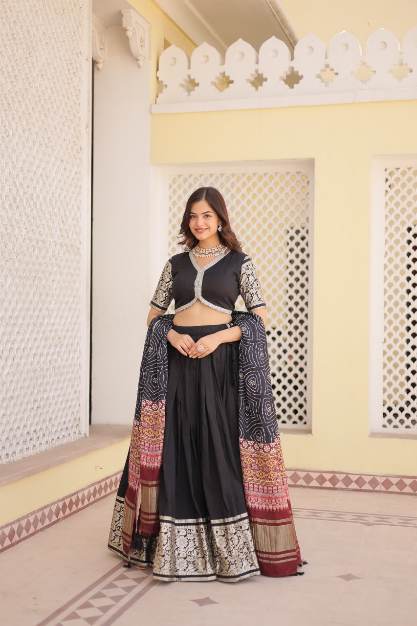 Viscose Jequard Black Lehenga Set with Gajji Silk Dupatta