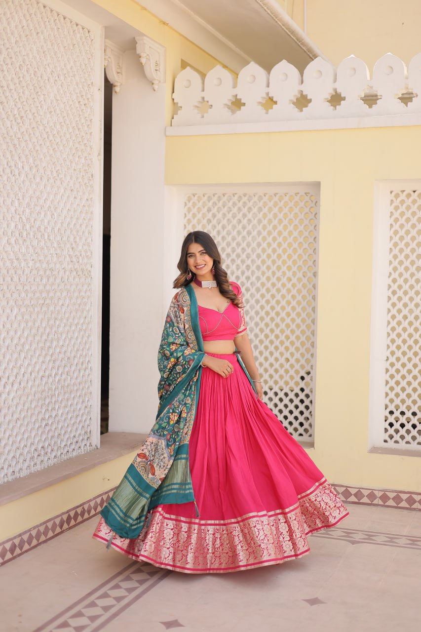 Viscose Jequard Pink Lehenga Set with Gajji Silk Dupatta