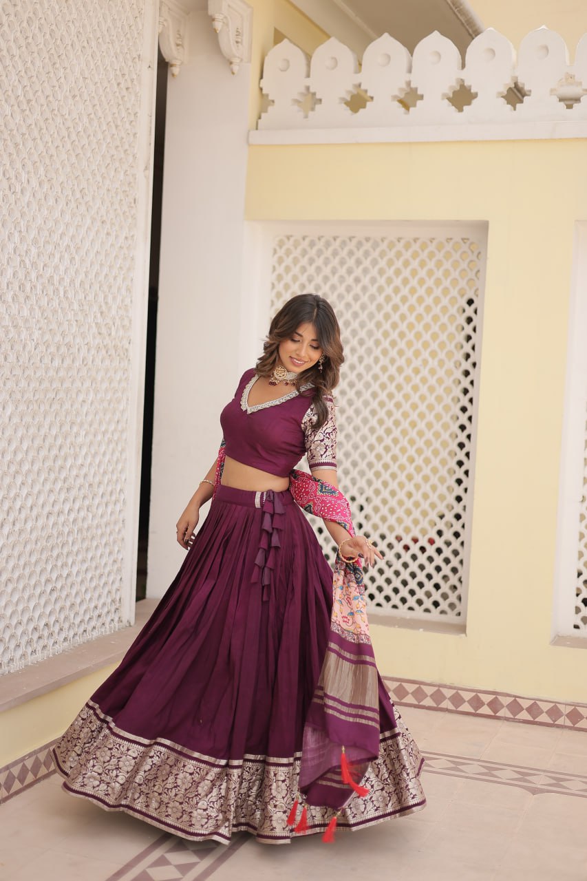 Viscose Jequard Wine Lehenga Choli Set with Gajji Silk Dupatta