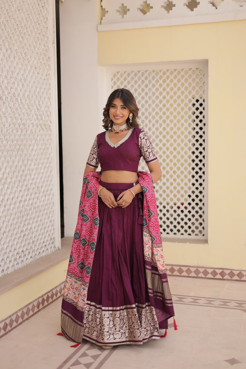 Viscose Jequard Wine Lehenga Choli Set with Gajji Silk Dupatta