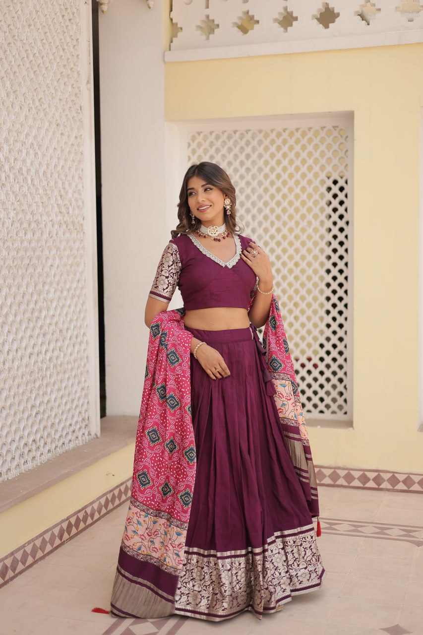 Viscose Jequard Wine Lehenga Choli Set with Gajji Silk Dupatta