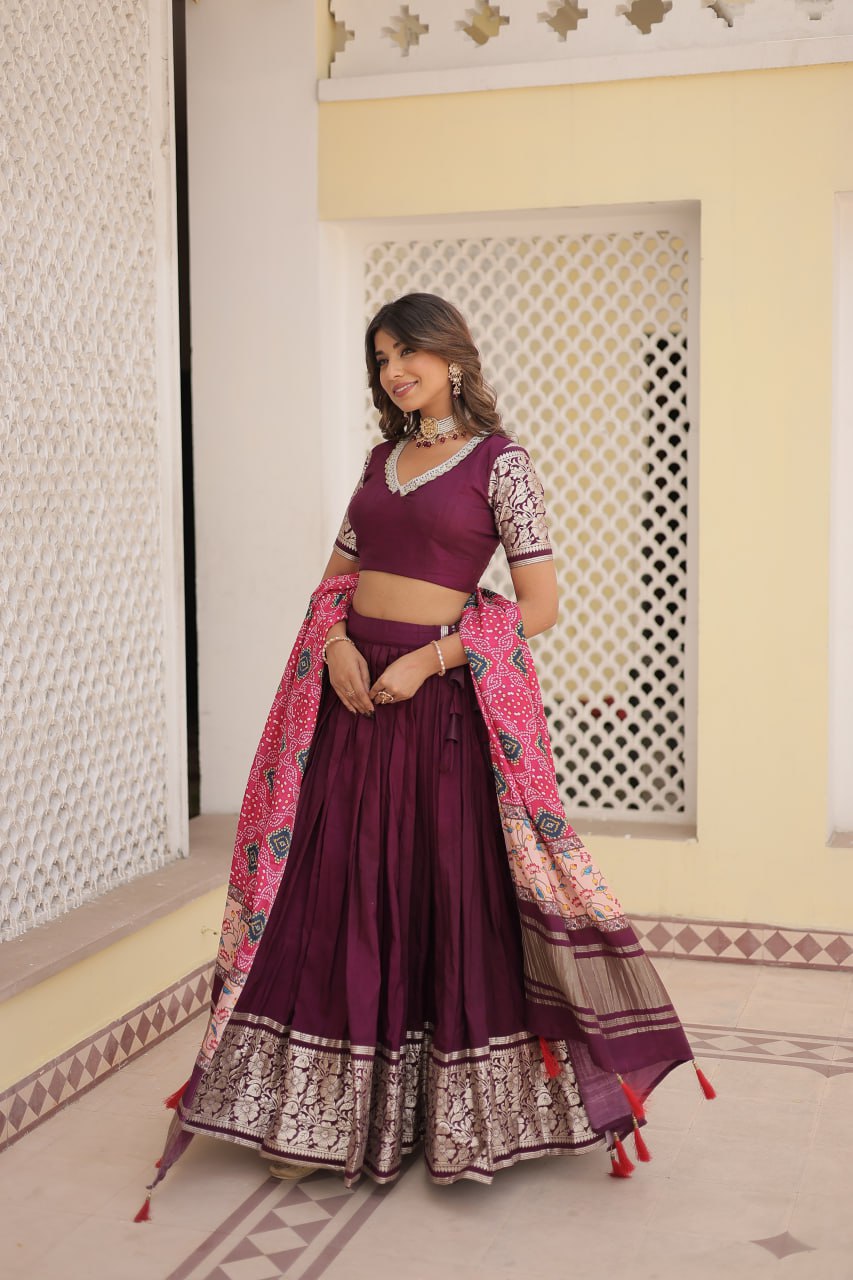 Viscose Jequard Wine Lehenga Choli Set with Gajji Silk Dupatta