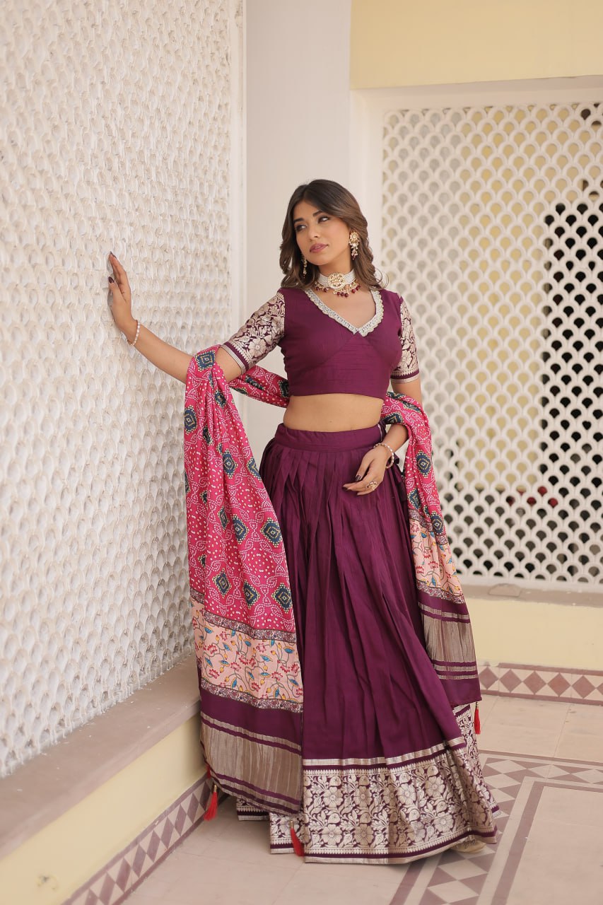 Viscose Jequard Wine Lehenga Choli Set with Gajji Silk Dupatta