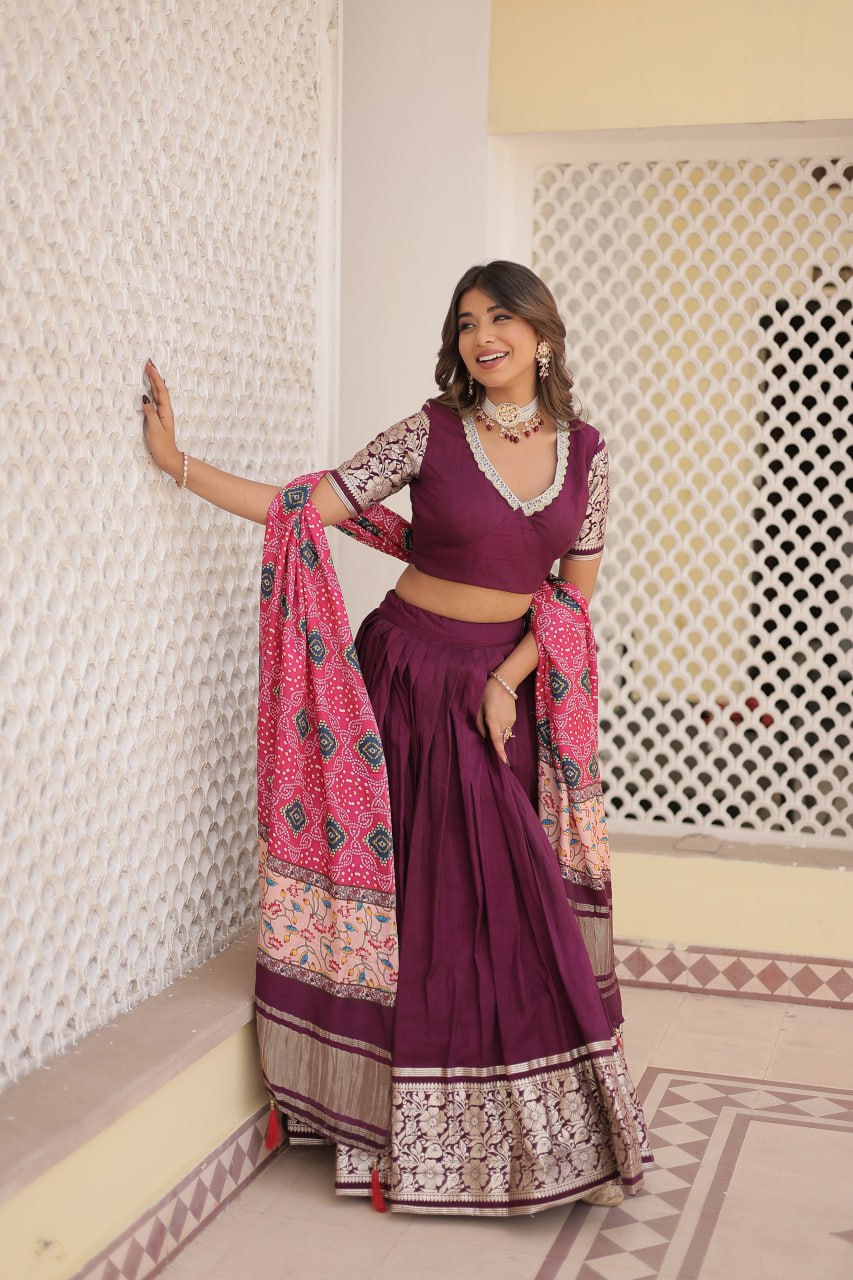 Viscose Jequard Wine Lehenga Choli Set with Gajji Silk Dupatta