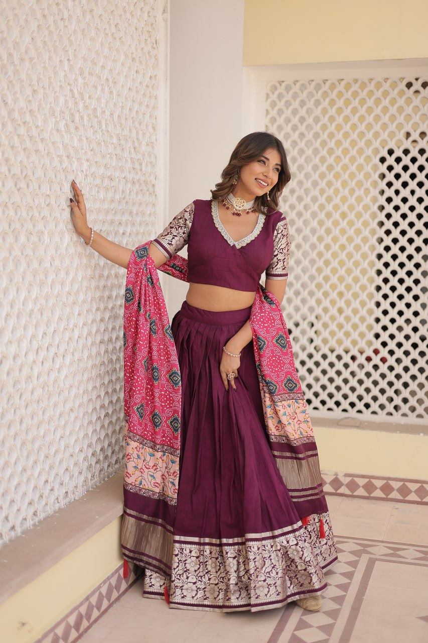 Viscose Jequard Wine Lehenga Choli Set with Gajji Silk Dupatta