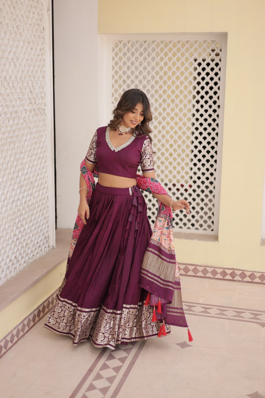 Viscose Jequard Wine Lehenga Choli Set with Gajji Silk Dupatta