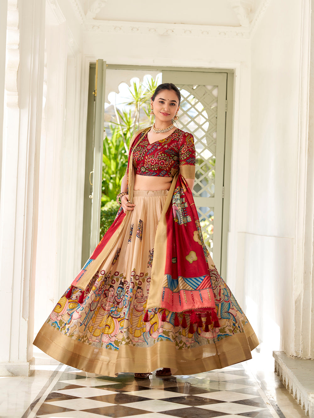 Cream color kalamkari print with weaving border dola silk lehenga choli