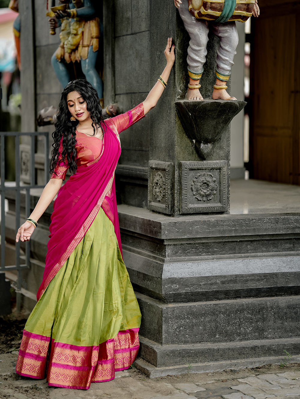 Pista green kanchipuram silk lehenga choli with zari weaving matching dupatta