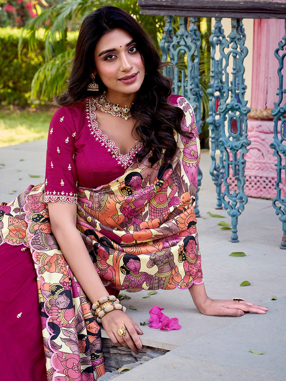 Rose pink vichitra silk lehenga choli with kalamkari scallop border tussar silk dupatta