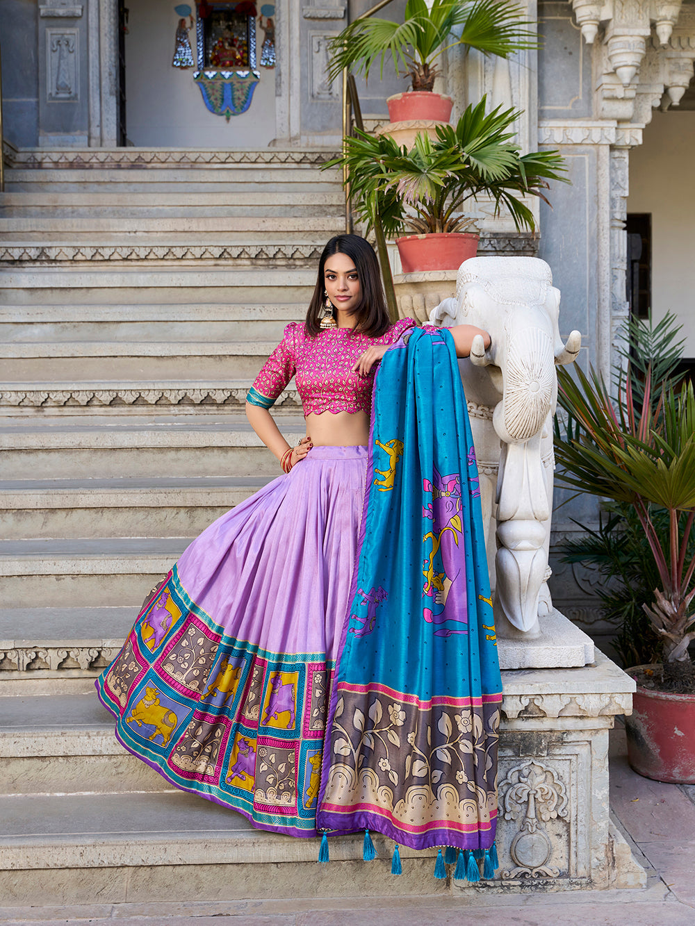 Lavender tasar silk lehenga choli with kalamkari print foil work