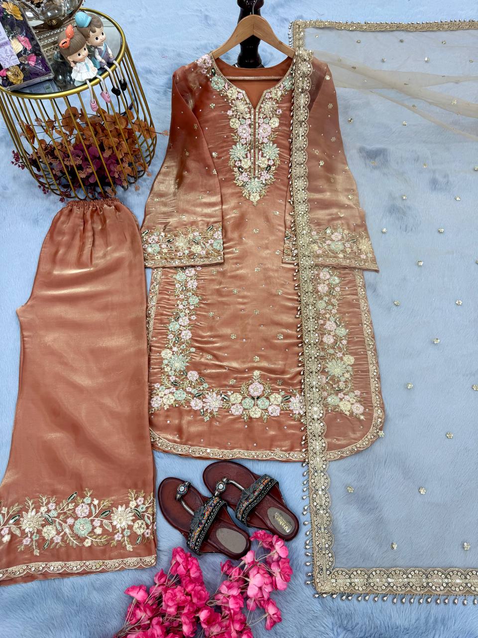 Warm Peach Premium Embroidered Palazzo Set with Dupatta