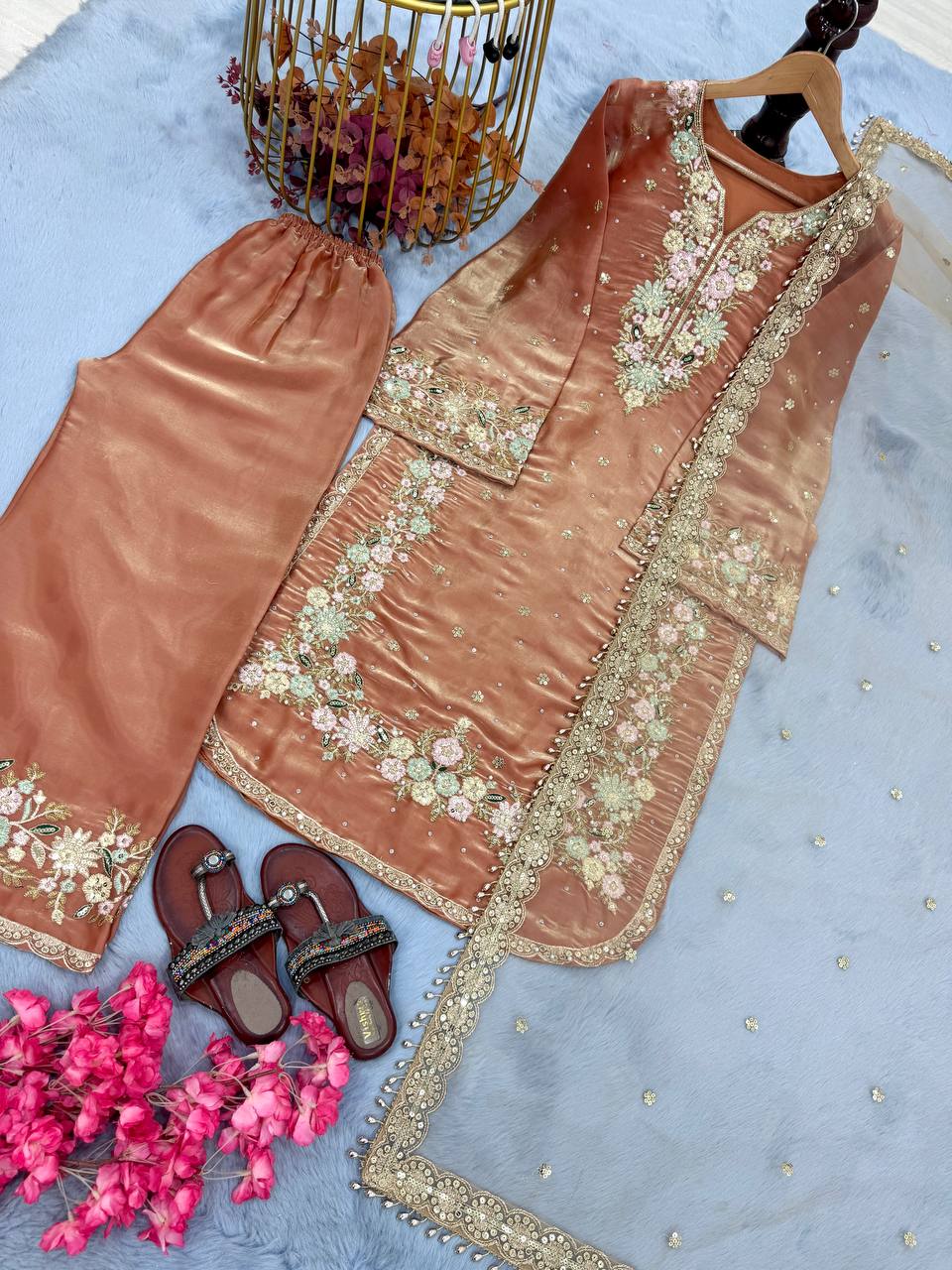 Warm Peach Premium Embroidered Palazzo Set with Dupatta