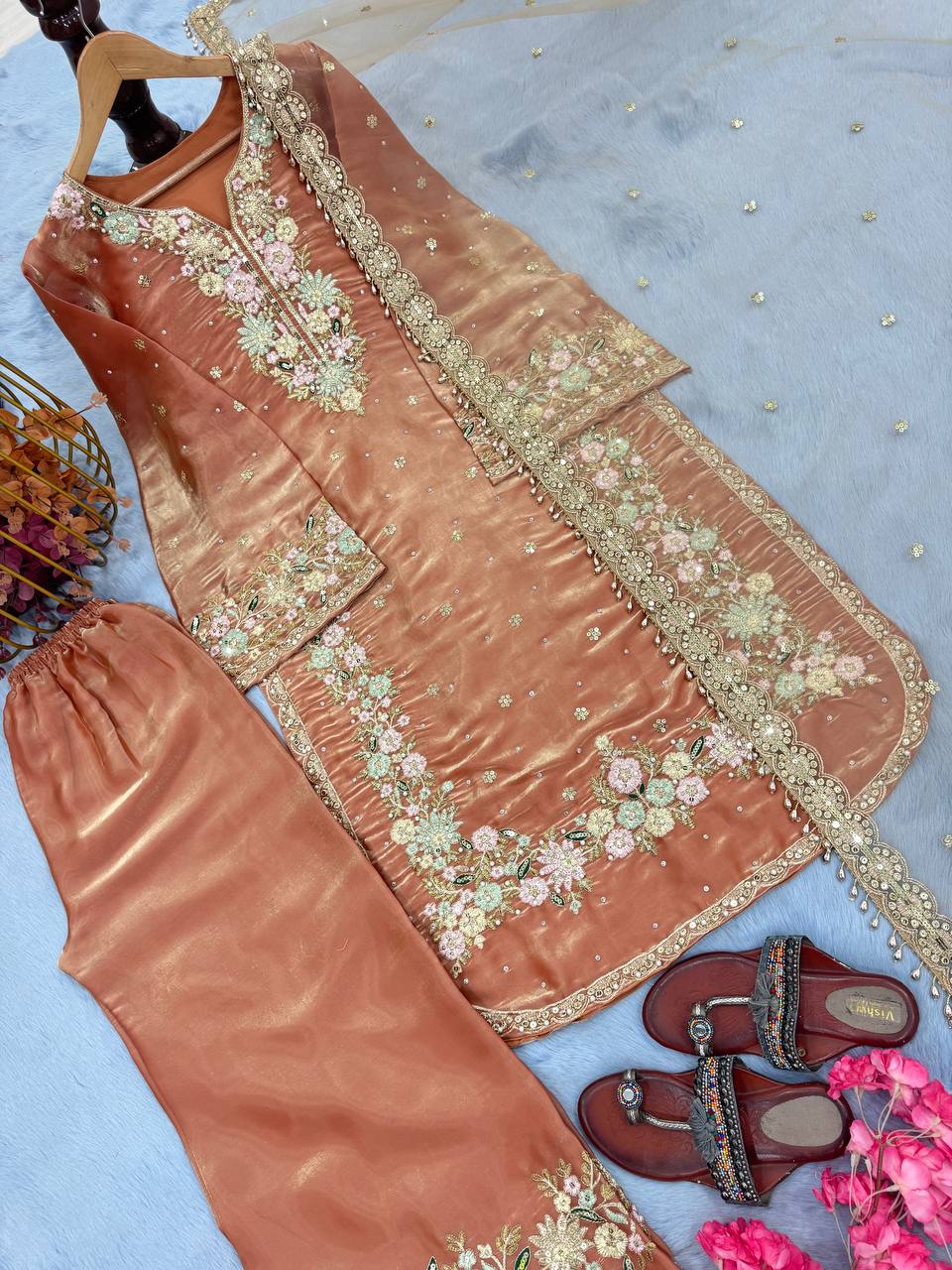 Warm Peach Premium Embroidered Palazzo Set with Dupatta