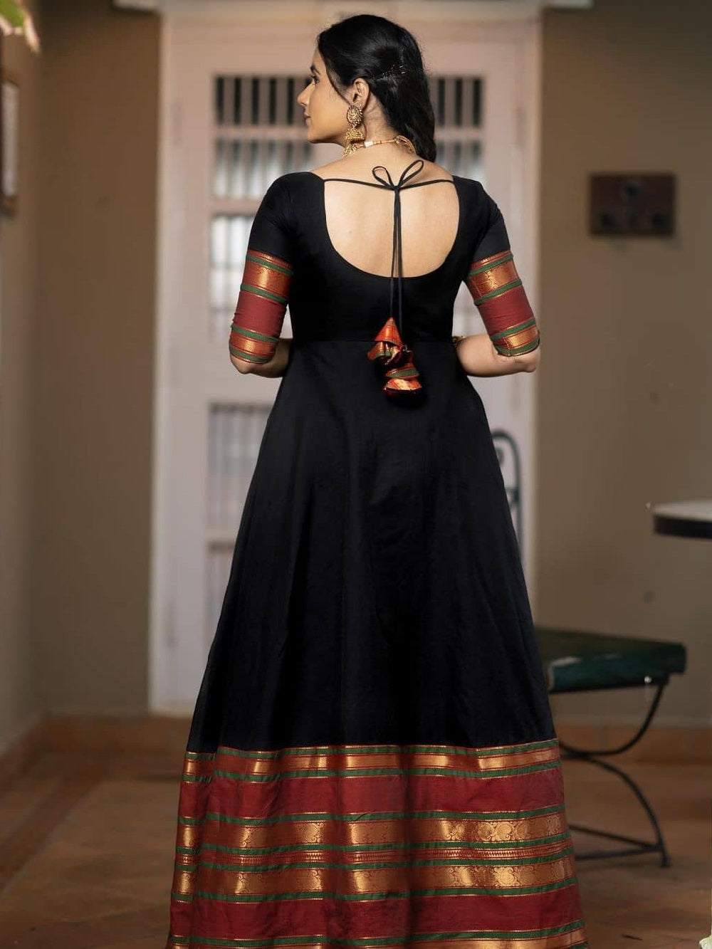 Black color weaving zari work jacquard silk Gown