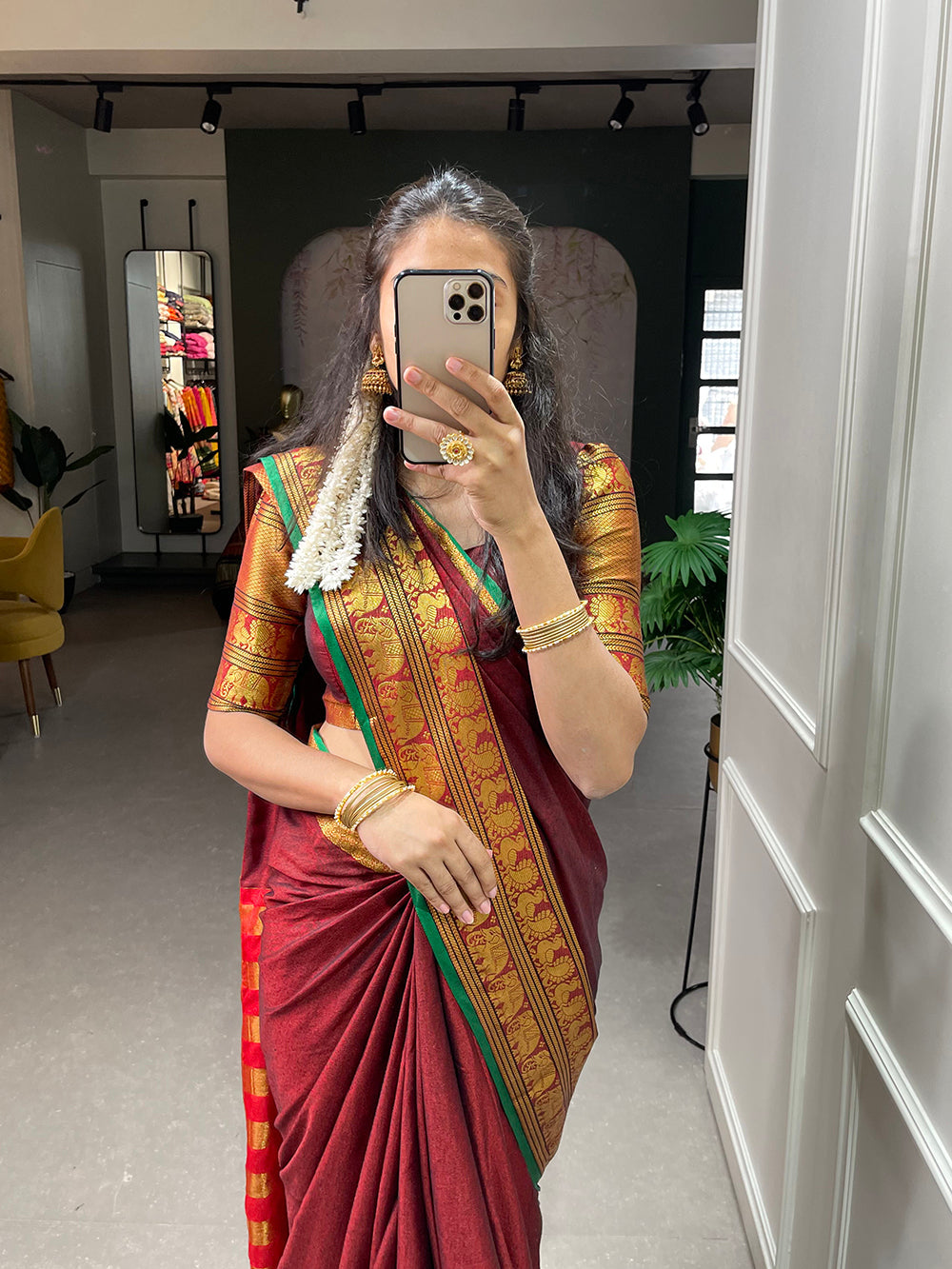 Maroon Color Zari Weaving Work Narayan Pet Saree
