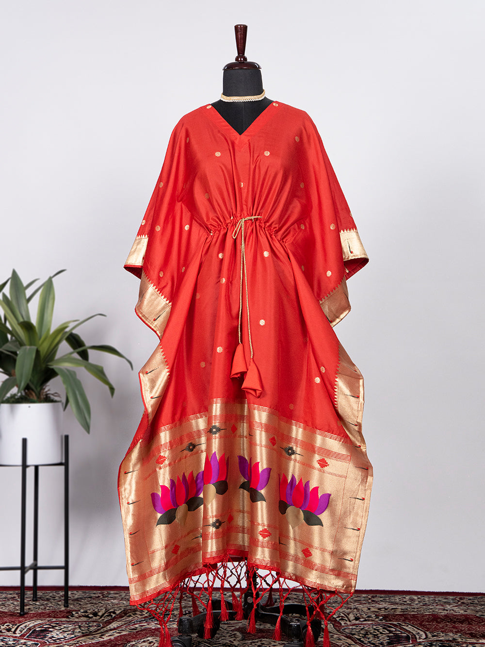 Red color weaving zari work jacquard paithani kaftan dress