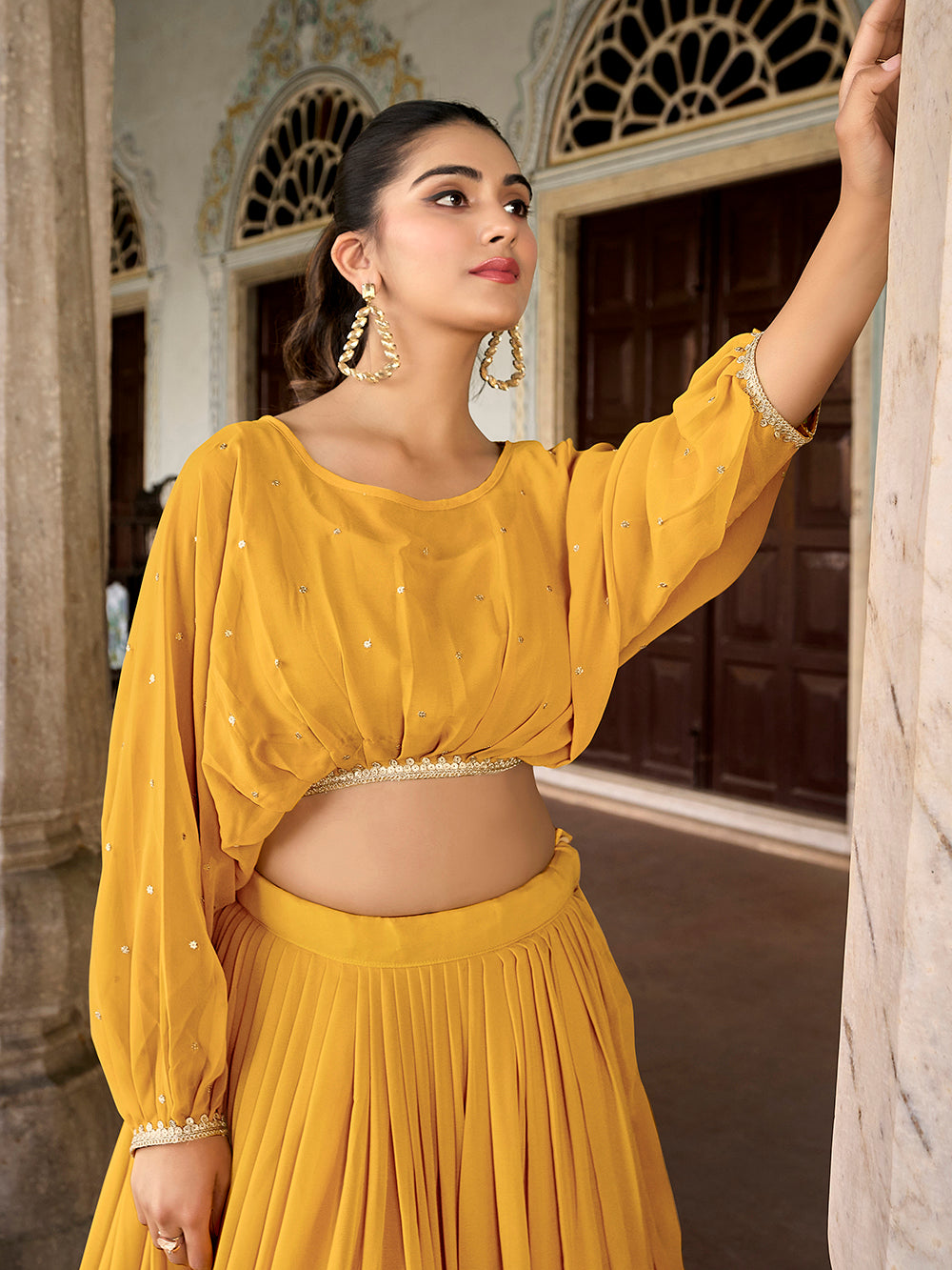 Mustard georgette co ord lehenga choli set with stitched blouse