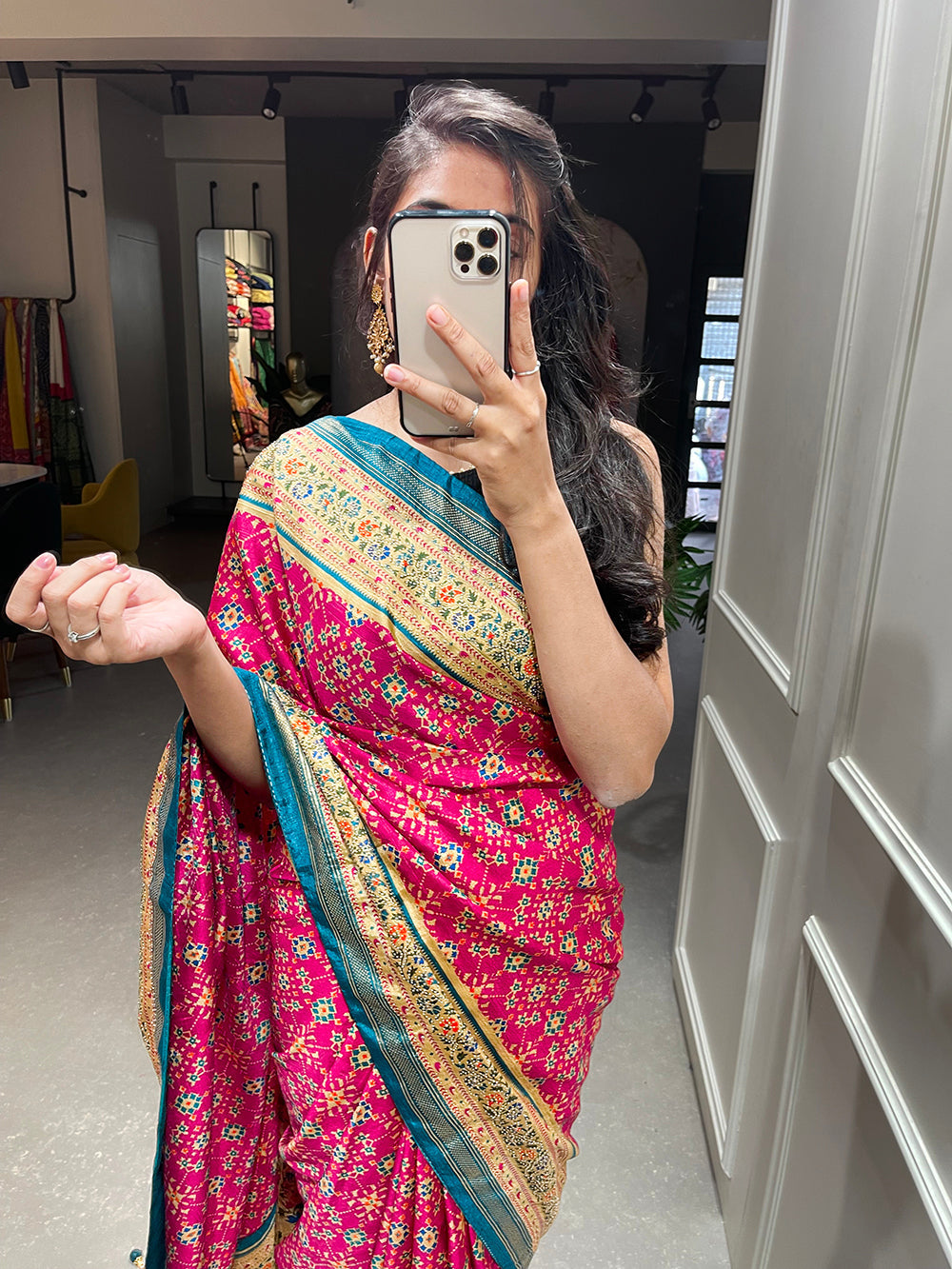 Pink Color Foil Printed And Stone Work Dola Silk Saree