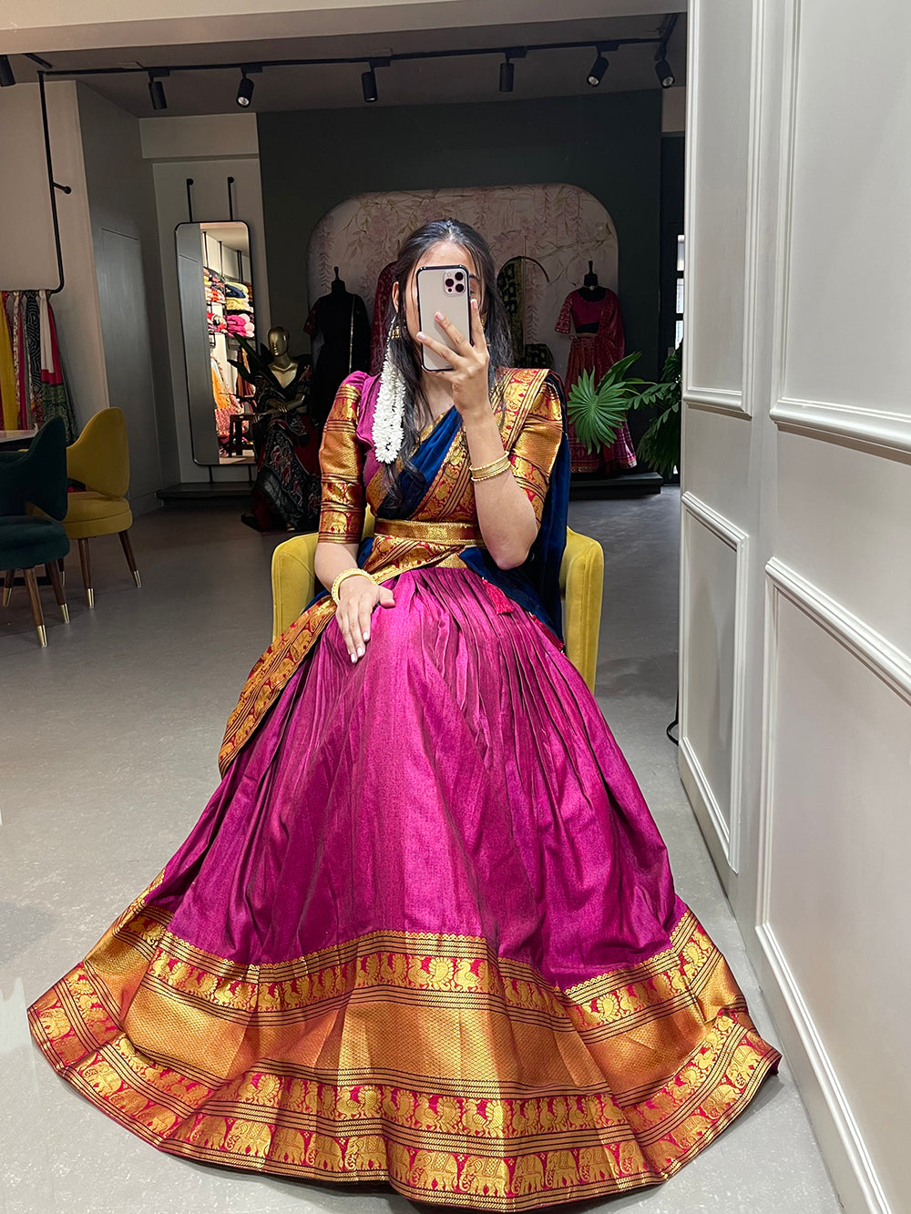 Pink Color Zari Weaving Work Narayan Pet Cotton South Indian Lehenga