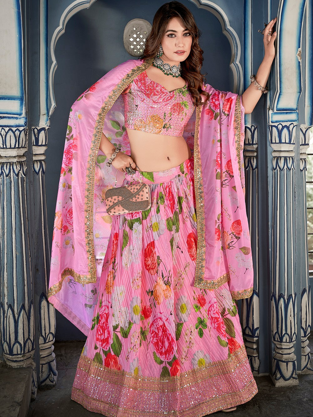 Pink Color Digital Print With Sequins Embroidery Work Crushed Chinon Lehenga Choli