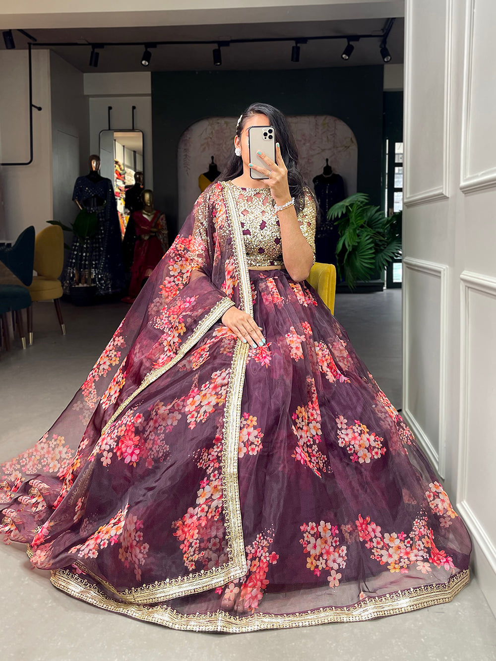 Wine Color Printed And Sequins Embroidery Lace Border Organza Lehenga Choli