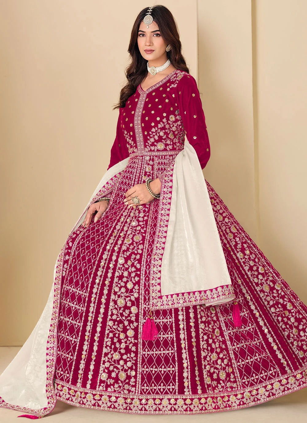 Rani pink velvet anarkali suit with embroidery work silk dupatta