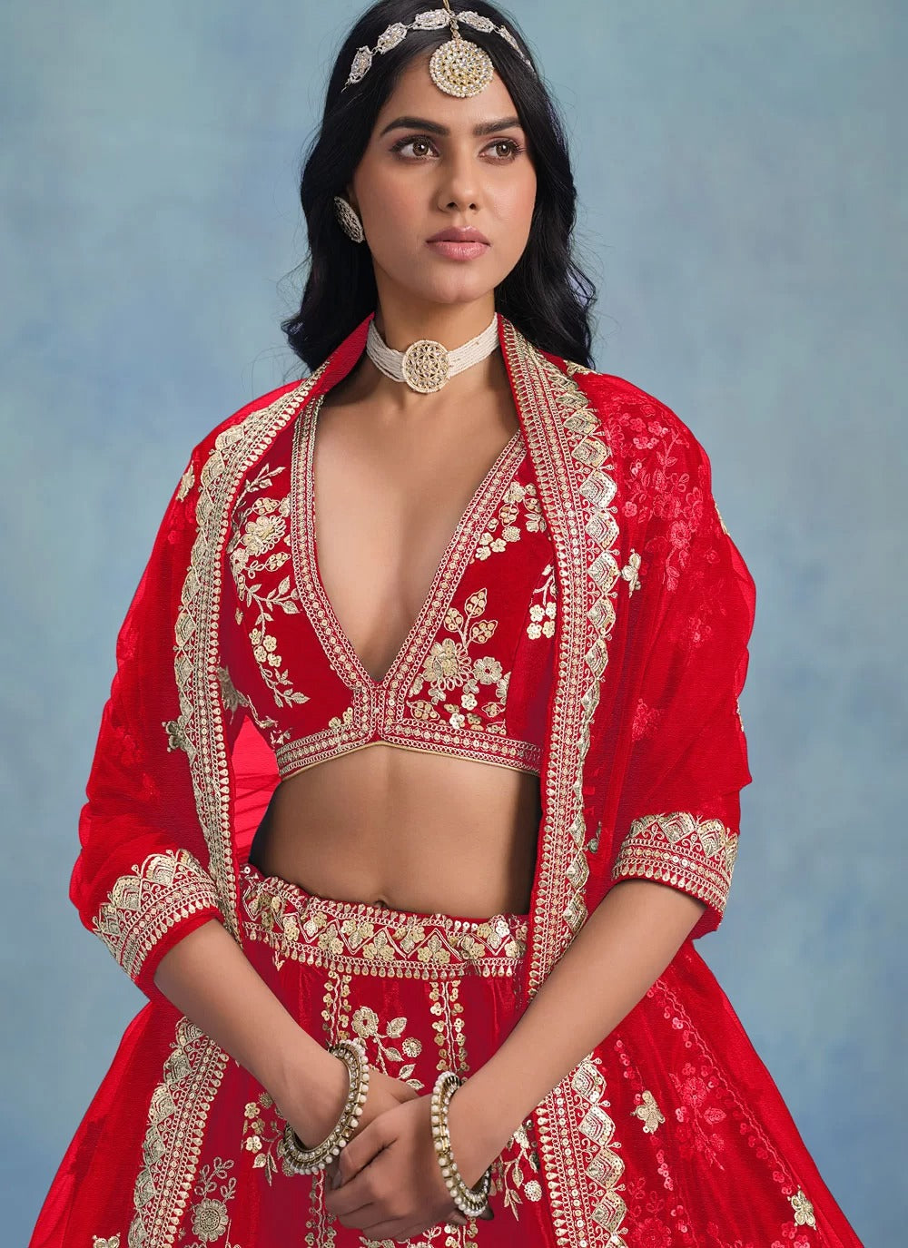 Wedding red embroidered art silk sangeet lehenga with net dupatta