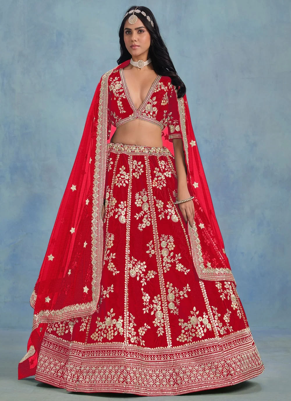 Wedding red embroidered art silk sangeet lehenga with net dupatta
