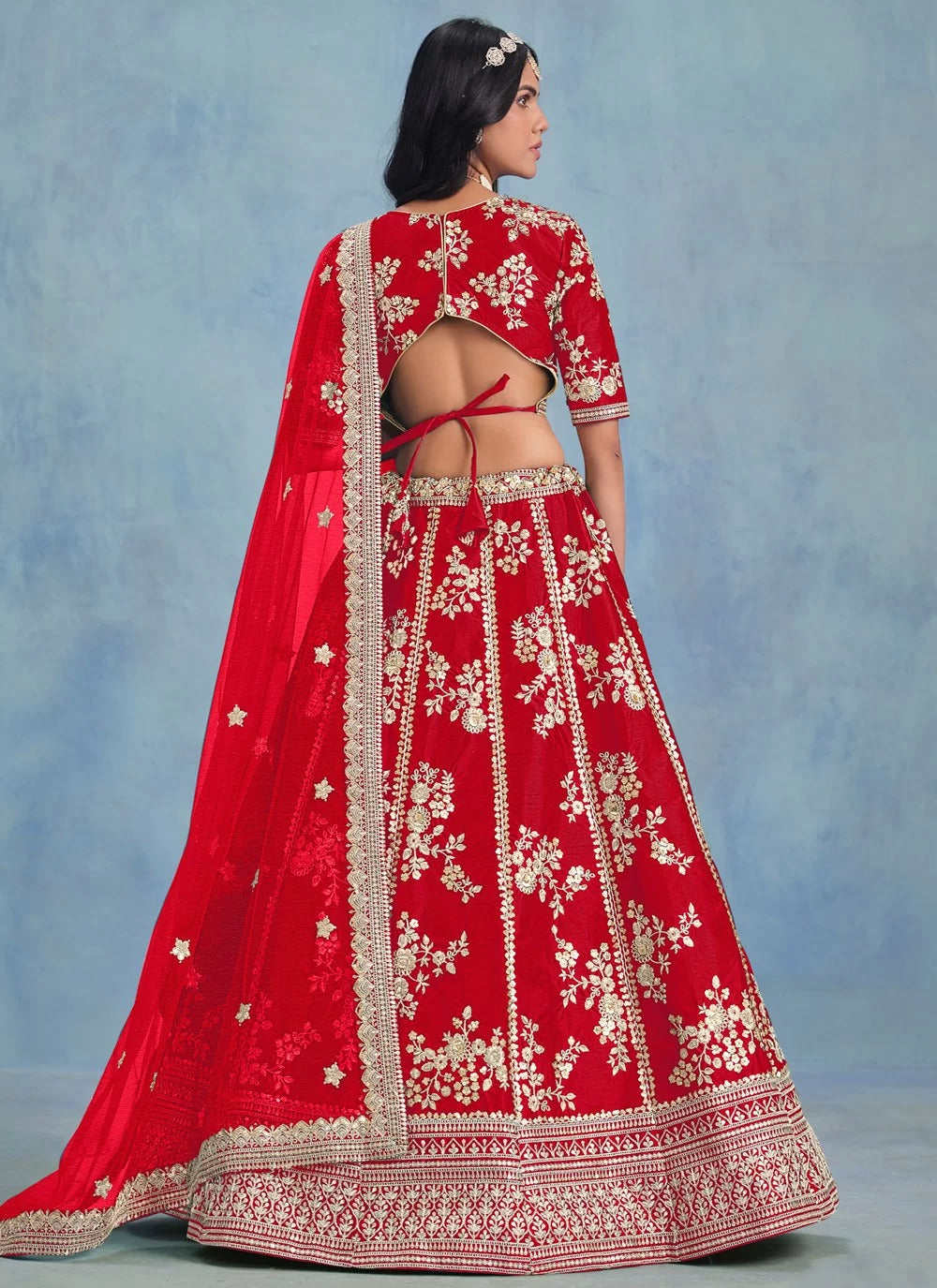 Wedding red embroidered art silk sangeet lehenga with net dupatta