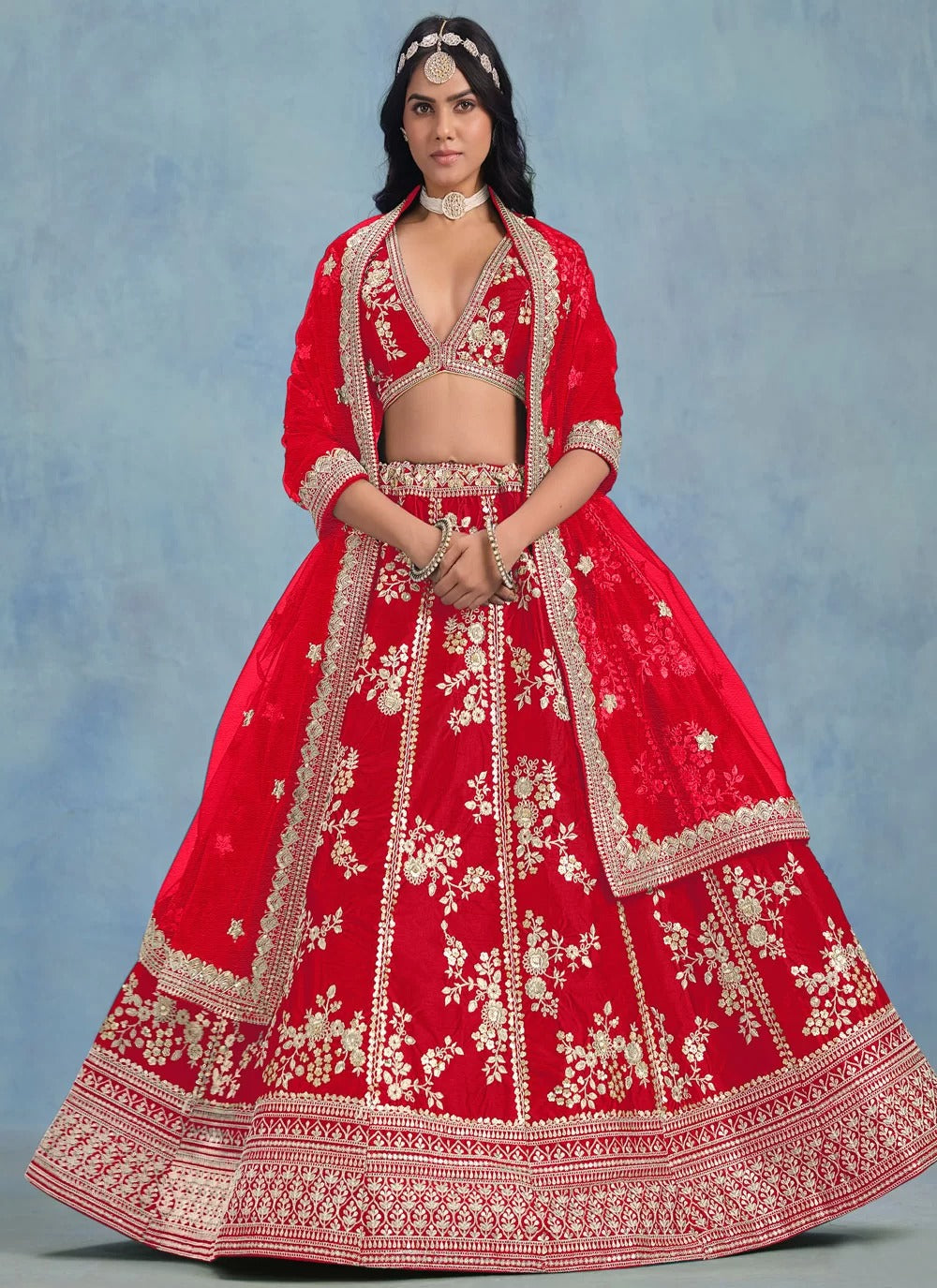 Wedding red embroidered art silk sangeet lehenga with net dupatta
