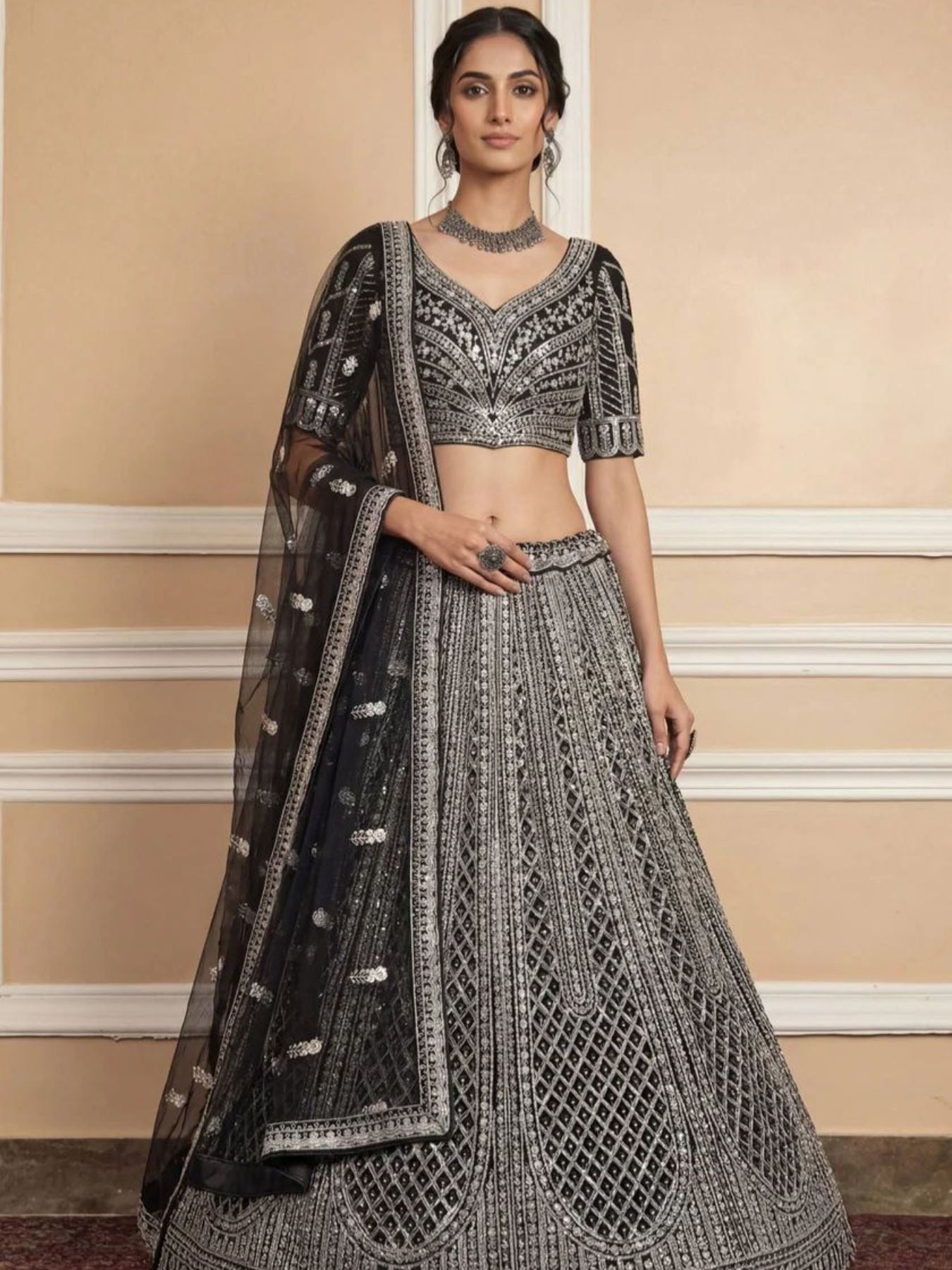 Navy Net Lehenga with Embroidery for Wedding Wear