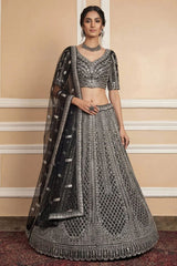 Navy Net Lehenga with Embroidery for Wedding Wear