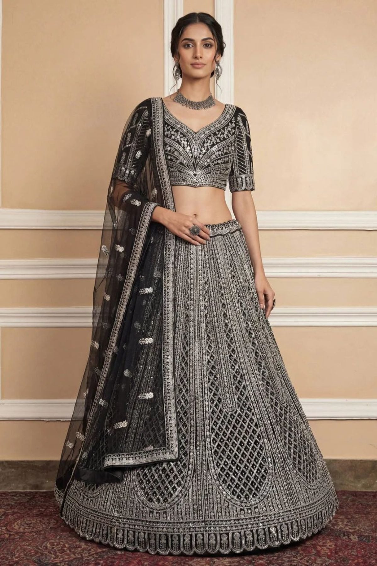 Navy Net Lehenga with Embroidery for Wedding Wear