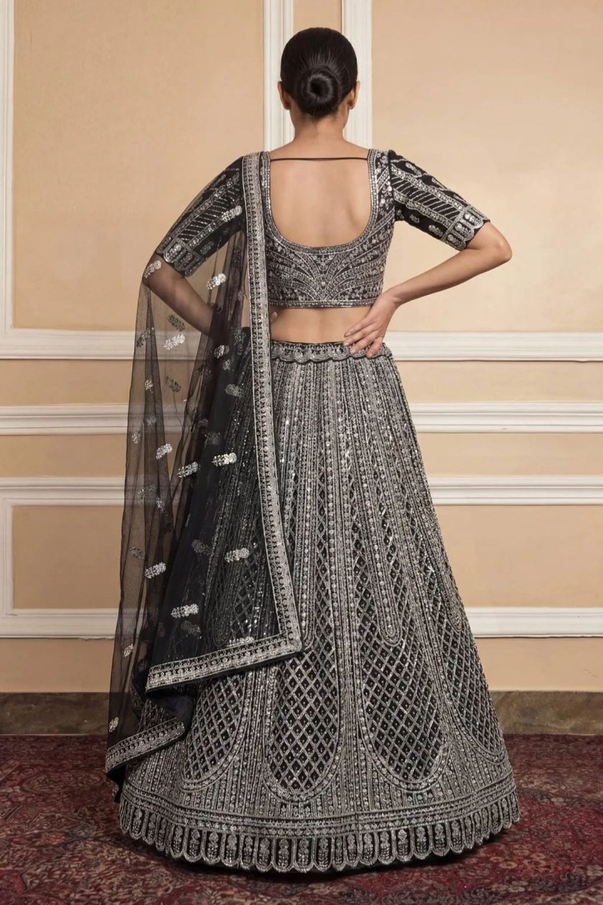 Navy Net Lehenga with Embroidery for Wedding Wear